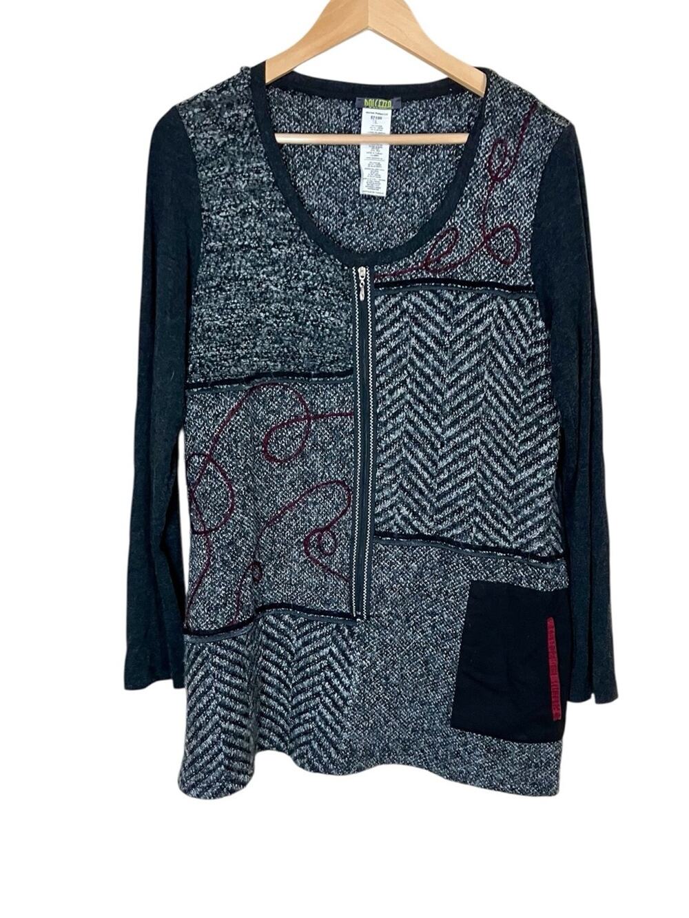 Dolcezza Zipper Patchwork Boucle Gray and Black Sweater Size Large